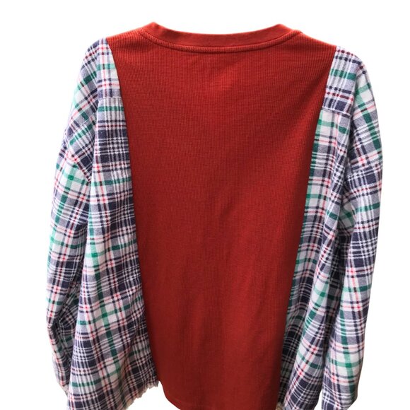 Reworked Flannel Tee, Size L-2XL: Upcycled Oversized Rust Waffle Knit Shirt - Picture 3 of 10